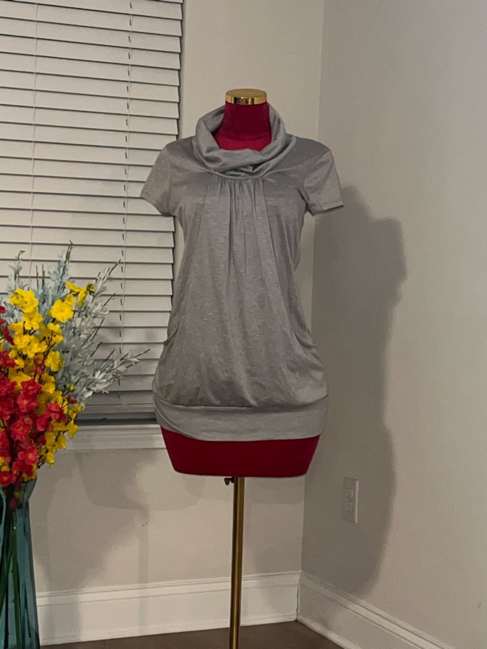 Gray Cowl Neck Short Sleeve Women's Top